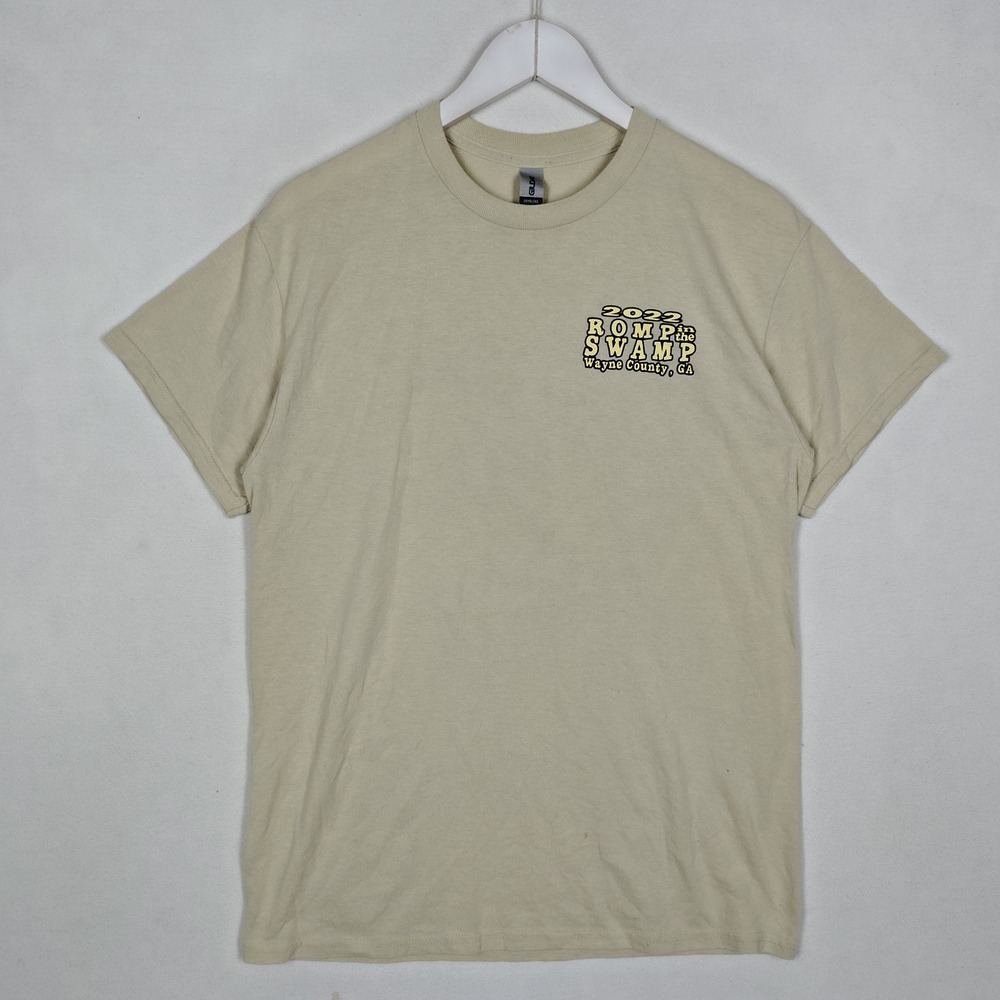 Gildan DryBlend 2022 Romp in the Swamp Wayne County GA Hunting T-Shirt Tan Med